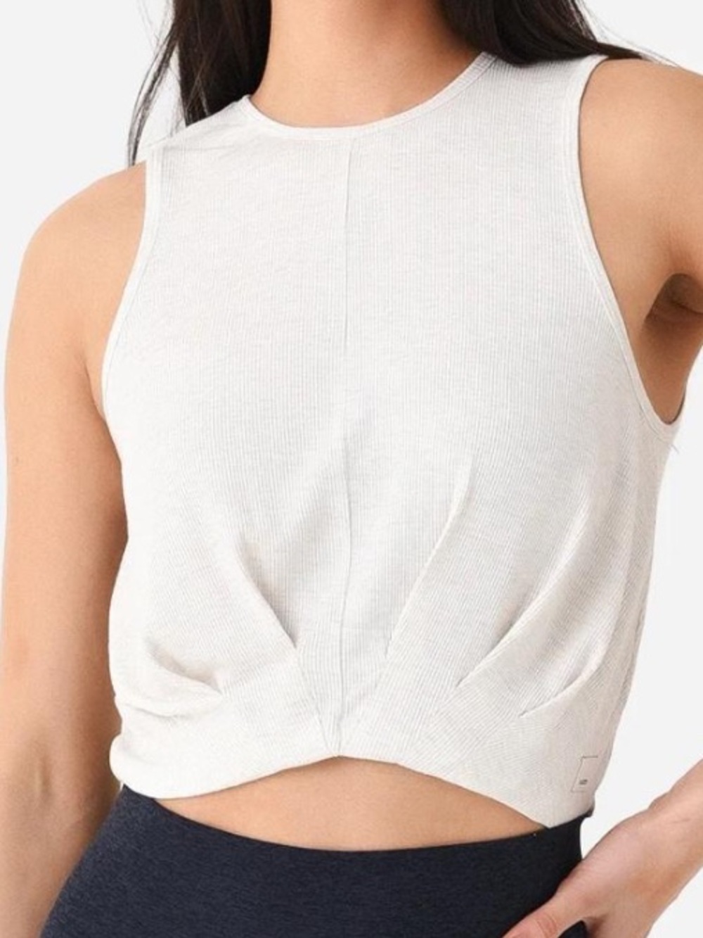 Vuori Cove High Neck Cream and Light Gray Heather Ribbed Gathered Front Tank L